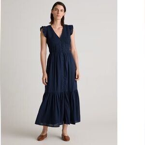 Quince Blue Smocked V Neck Button Down Tiered Organic Textured Cotton Midi Dress